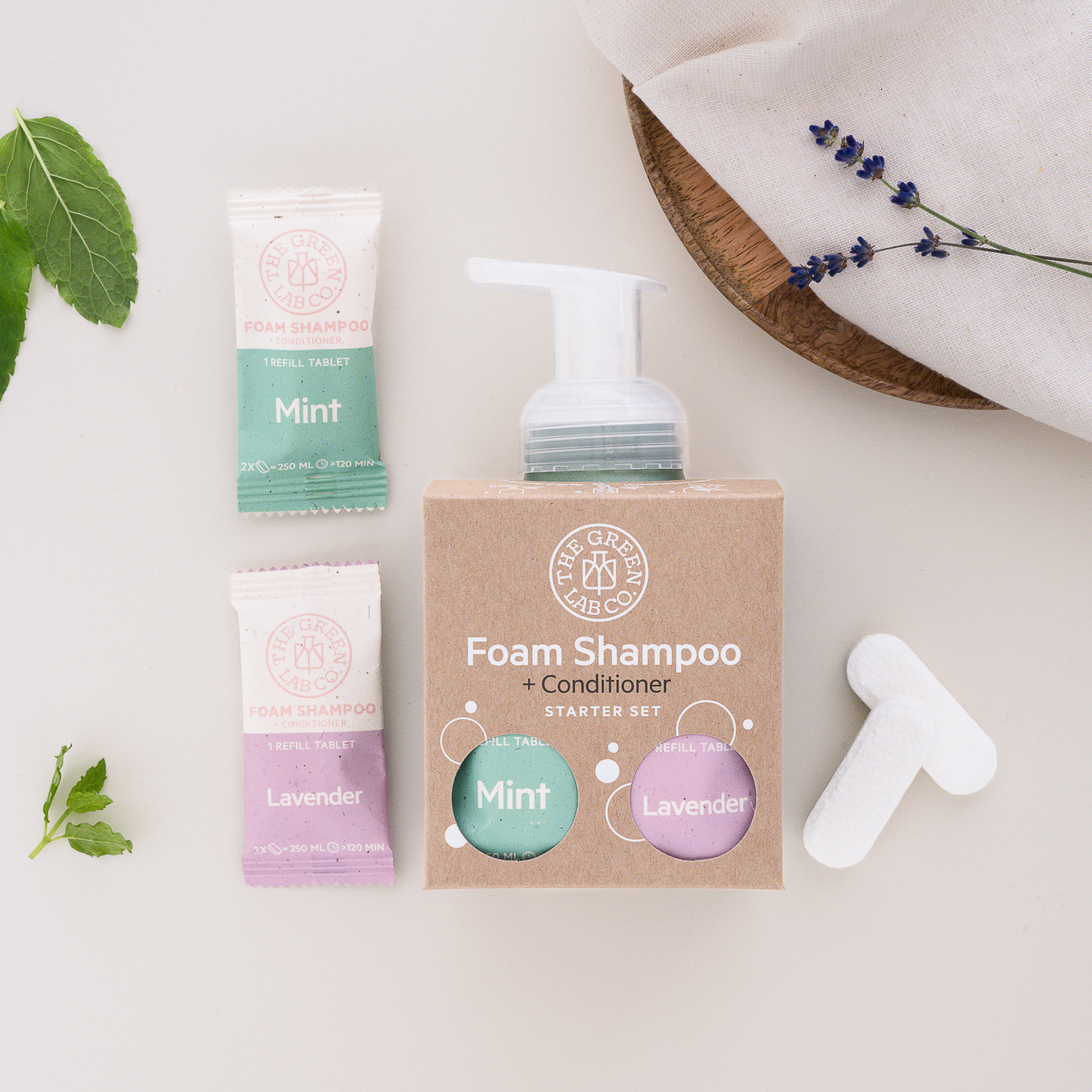 The Green Lab Co foam shampoo + conditioner starter set—Mint & Lavender—on a light background.